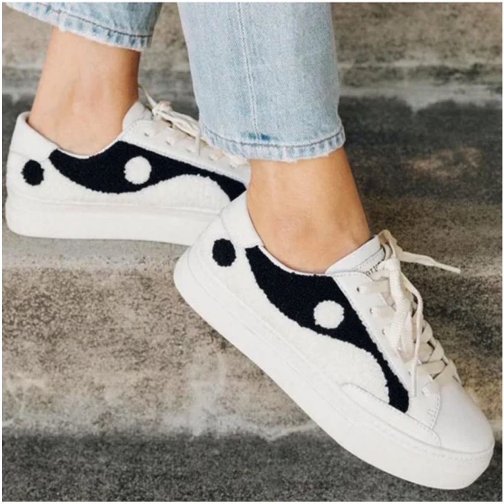 Anthropologie White Sneakers with Black Wave Accents